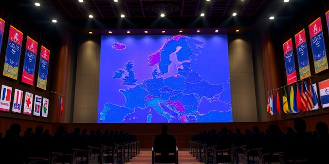 En una sala parlamentaria iluminada por luces de neón, un gran mapa europeo ocupa la pared, con carteles que llevan símbolos políticos y sombras de figuras sin rostro. El fondo muestra banderas europeas de colores vivos, mientras un telón de fondo de edificios gubernamentales se eleva en la distancia.