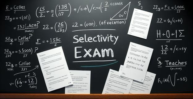 Una imagen de una pizarra llena de ecuaciones y notas confusas, con un examen de selectividad en el centro, rodeada de papeles con comentarios y quejas de estudiantes y profesores.