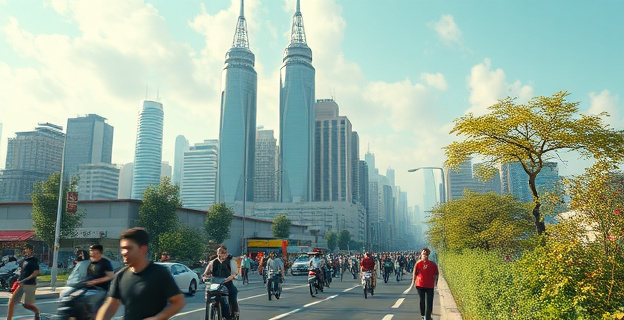Representación de una ciudad bulliciosa con personas estresadas, contaminación del aire y microplásticos en el entorno, contrastando con una imagen de naturaleza serena