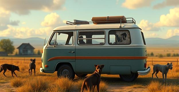 Una furgoneta con la ventana rota en un paisaje rural, con perros alrededor y una atmósfera de misterio y preocupación