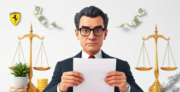 Imagen de John Elkann, presidente de Stellantis y Ferrari, con un gesto serio mientras sostiene un documento, rodeado de símbolos de dinero y justicia.