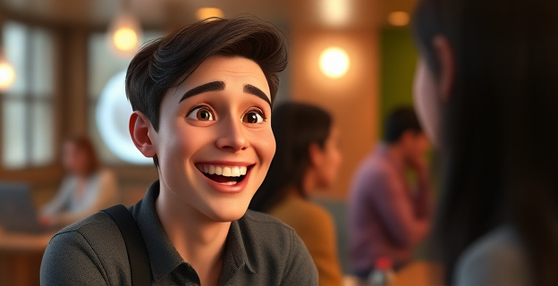 Una persona sonriendo y haciendo contacto visual con otra persona en un entorno social