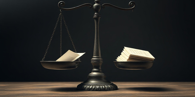 Una balanza antigua, de hierro forjado, con una balanza inclinada hacia un lado. En la balanza que sube, una silueta femenina difuminada. En la balanza que baja, un montón de documentos oficiales y sellos. Iluminación dramática, estilo claroscuro.