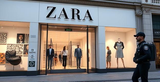 Una tienda Zara con detectores de seguridad en la puerta y una patrulla de la Guardia Urbana en la calle