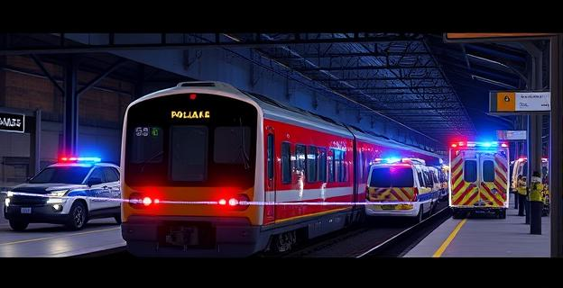 Un tren detenido en una estación con varios coches de policía y ambulancias alrededor, luces de emergencia activadas y cinta de seguridad policial en la zona.