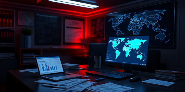 Un despacho oscuro iluminado por luces de neón, con un escritorio cubierto de papeles, una computadora portátil abierta mostrando gráficos y mapas de conexiones internacionales, y una foto de un mapa del mundo con líneas que cruzan continentes; un ambiente que transmite investigación y análisis psicológico.