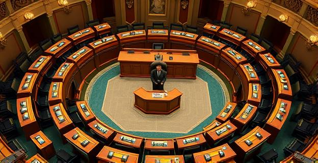 Imagen de un hemiciclo del Congreso de los Diputados con un diputado en el centro gritando indicaciones de voto con colores correspondientes a los botones electrónicos