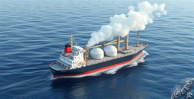 Un buque mercante de carga navegando por el océano con un reactor nuclear en su interior, emitiendo vapor de agua en lugar de humo contaminante