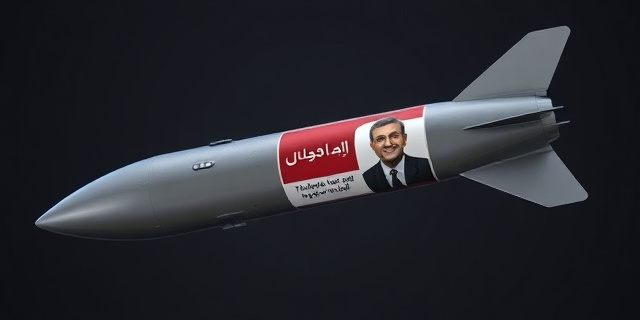 Un misil hipersónico con una pegatina que lleva la imagen de un político español y una leyenda de agradecimiento en farsi y en inglés