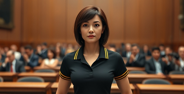 Una mujer con un polo negro con rayas amarillas en el cuello en una cámara legislativa, con un ambiente tenso y periodistas alrededor.