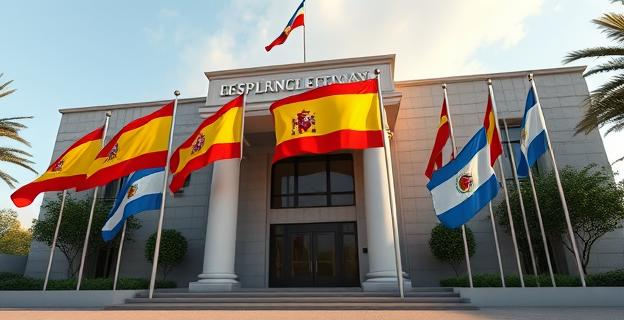 Una embajada española con banderas de España y Argentina, con un ambiente de tensión en el exterior