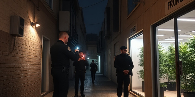 Una escena nocturna de una operación policial en un barrio de Almería: agentes de la policía en uniforme, linternas iluminan calles estrechas, cables eléctricos cortados y una granja clandestina de plantas iluminada por luces LED. La escena muestra la tensión y el desorden sin rostros visibles, con un entorno urbano y una atmósfera de drama.