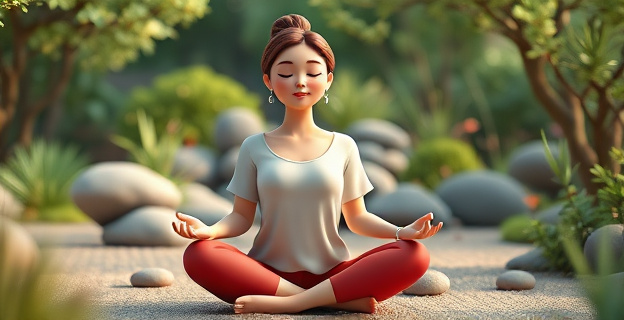Una mujer sentada en un jardín zen, rodeada de naturaleza, con los ojos cerrados y una expresión de paz, mientras practica la meditación