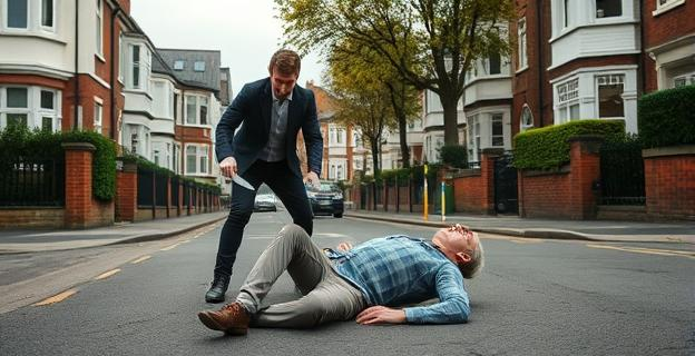 Una escena de violencia en una calle residencial tranquila de Londres con un hombre joven sosteniendo un cuchillo y un hombre mayor tendido en el suelo herido