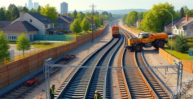 Imagen de una línea de Cercanías en construcción con trabajadores y maquinaria pesada en un paisaje suburbano con edificios y árboles al fondo.