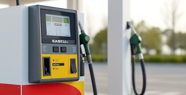 Imagen de una estación de servicio con un surtidor de gasolina y un tapón de tanque de combustible junto a una manguera, sin personas visibles