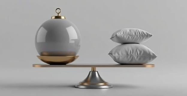 Representación abstracta de la relación entre el sueño y la longevidad. Una balanza desequilibrada con un peso más grande en un lado, simbolizando la corta esperanza de vida, y en el otro, almohadas y un reloj de arena vacío. Colores tenues y un ambiente sereno.