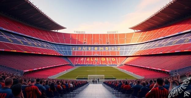 Estadio Camp Nou vacío con banderas catalanas al fondo, mientras aficionados del FC Barcelona esperan en la entrada.