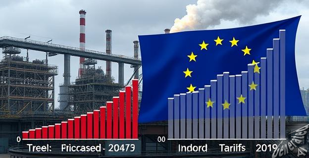 Una imagen de una fábrica de acero con una bandera de la Unión Europea al fondo, rodeada de gráficos de aumento de producción y aranceles.