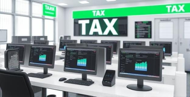 Oficina de Hacienda con ordenadores mostrando datos bancarios