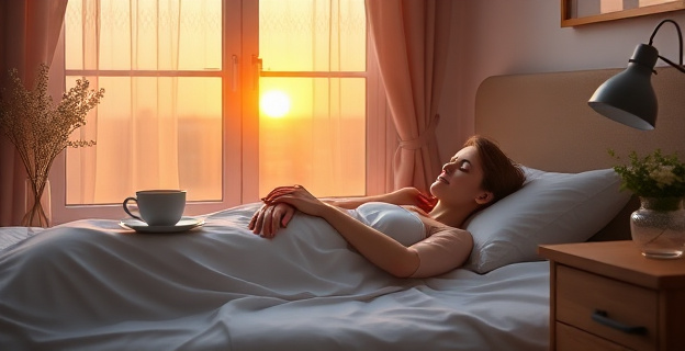 Una persona relajada en una cama con una taza de té de hierbas en la mesita de noche, mientras el sol se pone suavemente por la ventana.