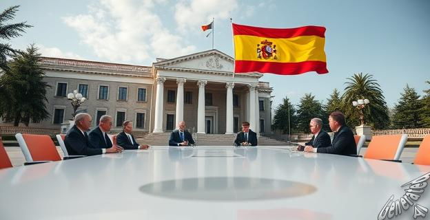 Una imagen de un edificio del Tribunal Constitucional de España con una bandera española ondeando en el fondo, junto a una mesa de negociaciones con varios políticos sentados alrededor.