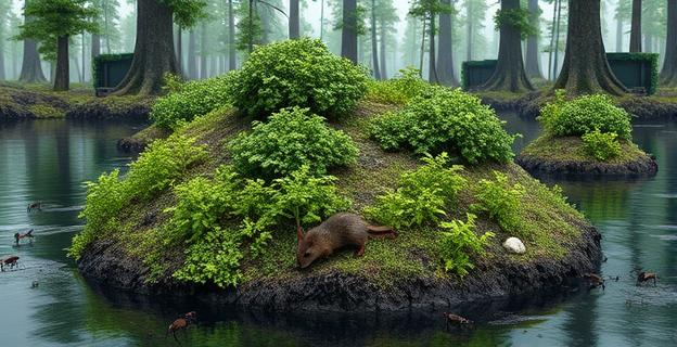 Imagen de una isla con densa vegetación y una pequeña musaraña en el suelo, rodeada de insectos y con un fondo de bosque degradado y restos de minería.