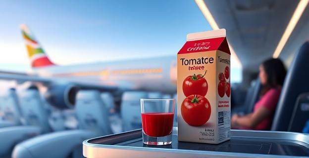 Un avión comercial en vuelo con una cabina iluminada y pasajeros en segundo plano, con un brick de zumo de tomate y un vaso en primer plano sobre una bandeja.