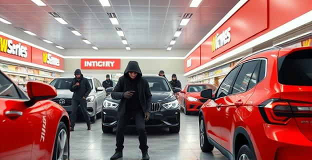 Imagen de una banda de ladrones entrando en un supermercado con vehículos de alta gama alrededor
