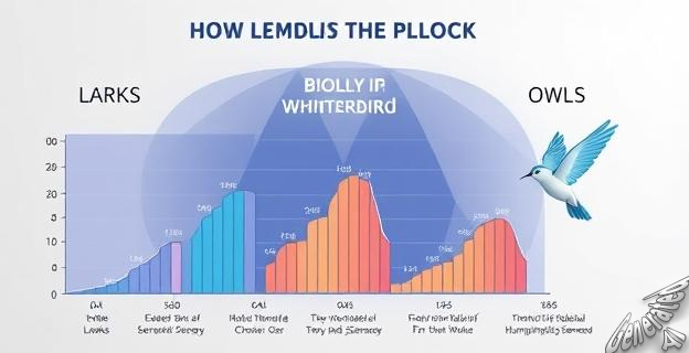 Una infografía que muestra los tres tipos de personas según su reloj biológico: alondras, búhos y colibríes, con gráficos que representan sus horarios de sueño y vigilia.