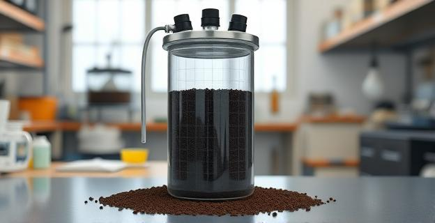 Un filtro de agua hecho de posos de café y biocarbón en un entorno de laboratorio, con equipo científico alrededor