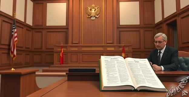 Imagen de una sala de justicia con un estrado vacío y un fiscal trabajando en su mesa, con documentos legales y un ejemplar del Boletín Oficial del Estado (BOE) abierto