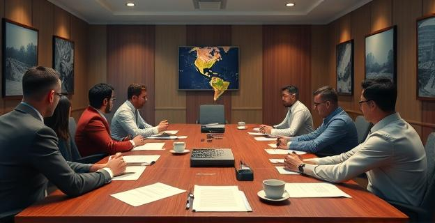 Una sala de reuniones con documentos y personas sentadas alrededor de una mesa, con una atmósfera de tensión y debate