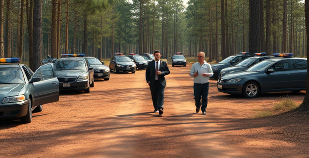 Un camino de tierra en un área boscosa y aislada con varios coches oficiales y agentes de seguridad alrededor. Un hombre con traje y otro con ropa informal caminando y revisando documentos.