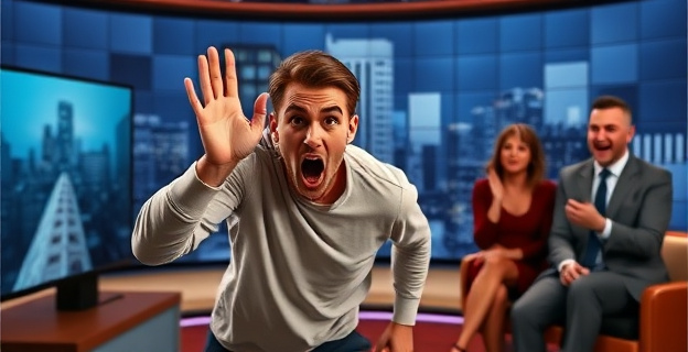 Una imagen conceptual de un joven en un plató de televisión haciendo un gesto obsceno mientras grita, con el presentador y otro invitado sorprendidos en el fondo. La imagen debe transmitir el shock y la sorpresa del momento.