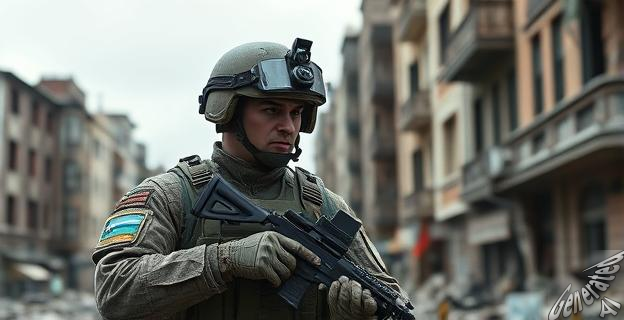 Un soldado ruso con un casco equipado con un sistema de guerra electrónica portátil, mostrando una pantalla en su antebrazo mientras opera en un entorno urbano devastado