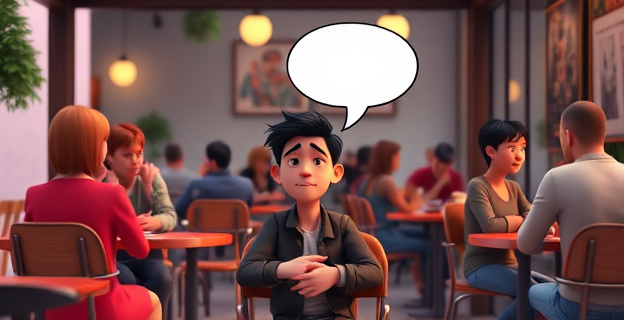 Una persona sentada sola en un café, rodeada de gente conversando, con una expresión de desconexión y una burbuja de pensamiento mostrando una conversación interna.