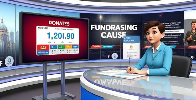 Una imagen de un estudio de televisión con un contador de donaciones en pantalla y un presentador de noticias sentado en un escritorio con papeles y un micrófono, con un fondo de gráficos relacionados con la recaudación de fondos para una causa benéfica.