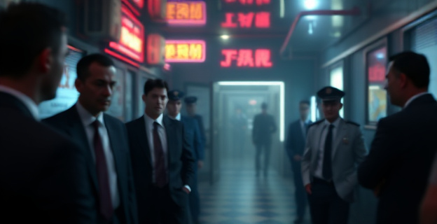 Una escena nocturna en un prostíbulo con figuras borrosas de hombres en traje y uniformes policiales, con destellos de luces de neón reflejándose en las paredes y un ambiente tenso en el aire.