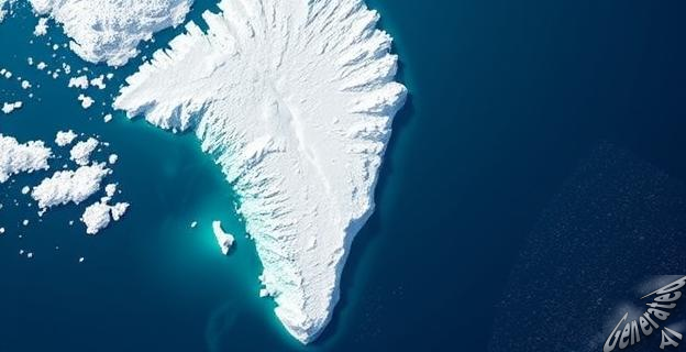 Una imagen de satélite mostrando el glaciar Jakobshavn en Groenlandia con una gran cantidad de agua dulce vertiéndose al mar, rodeado de un aumento visible de fitoplancton en la superficie del agua.