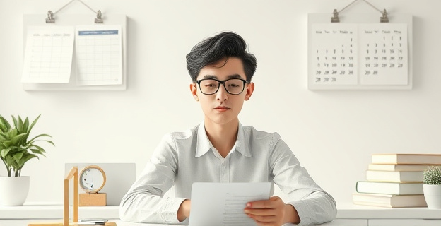 Una representación visual de una persona enfocada y serena en un entorno de trabajo minimalista, con elementos que simbolizan control y organización, como calendarios y listas de tareas.