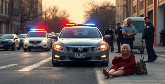 Imagen de un coche detenido en plena calle con varios policías alrededor, luces de coche policial encendidas y una anciana sentada en la acera con expresión agresiva