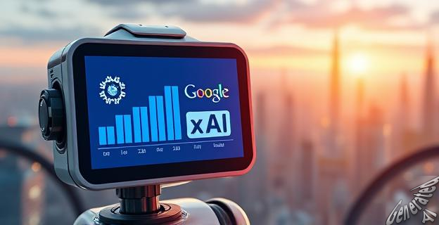 Una imagen de un robot con una pantalla que muestra un gráfico de barras con los logos de OpenAI, Google, xAI y Anthropic, con una ciudad futurista al fondo.