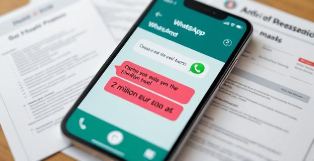 Una imagen de un teléfono móvil mostrando una conversación de WhatsApp con mensajes sobre un pago urgente de 2 millones de euros, con un fondo de documentos relacionados con la venta de mascarillas