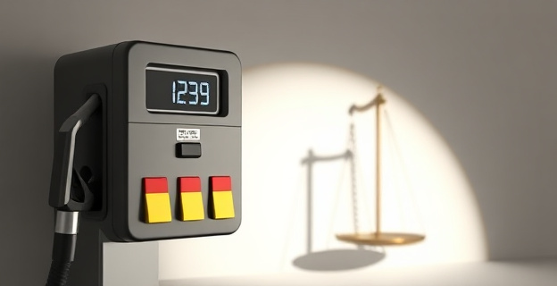 Una imagen que represente un surtidor de gasolina con un precio elevado, con una sombra de una balanza que simbolice los impuestos y la política fiscal del Gobierno en el fondo.