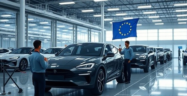 Una fábrica de coches eléctricos con trabajadores asiáticos en primer plano y una bandera europea ondeando al fondo, con un ambiente de tensión y alerta