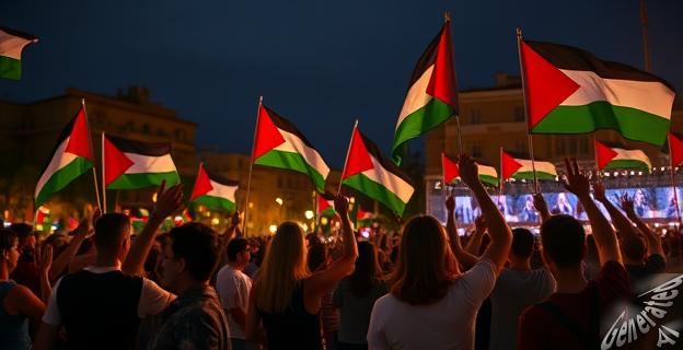 Imagen de activistas pro-palestina bailando y ondeando banderas de Palestina en un concierto de noche en Menorca.
