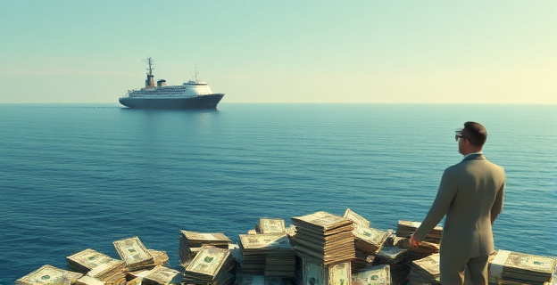 Una imagen conceptual que represente la fuga de capitales de Irán. Un barco alejándose en el horizonte mientras figuras en el primer plano cuentan dinero.