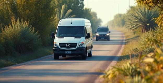 Una furgoneta blanca en una carretera rodeada de vegetación con un vehículo oscuro huyendo en la distancia