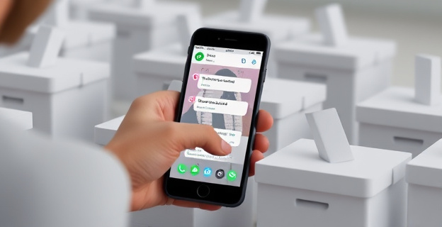 Una escena de una persona manipulando urnas electorales con un teléfono móvil mostrando mensajes de WhatsApp en el fondo